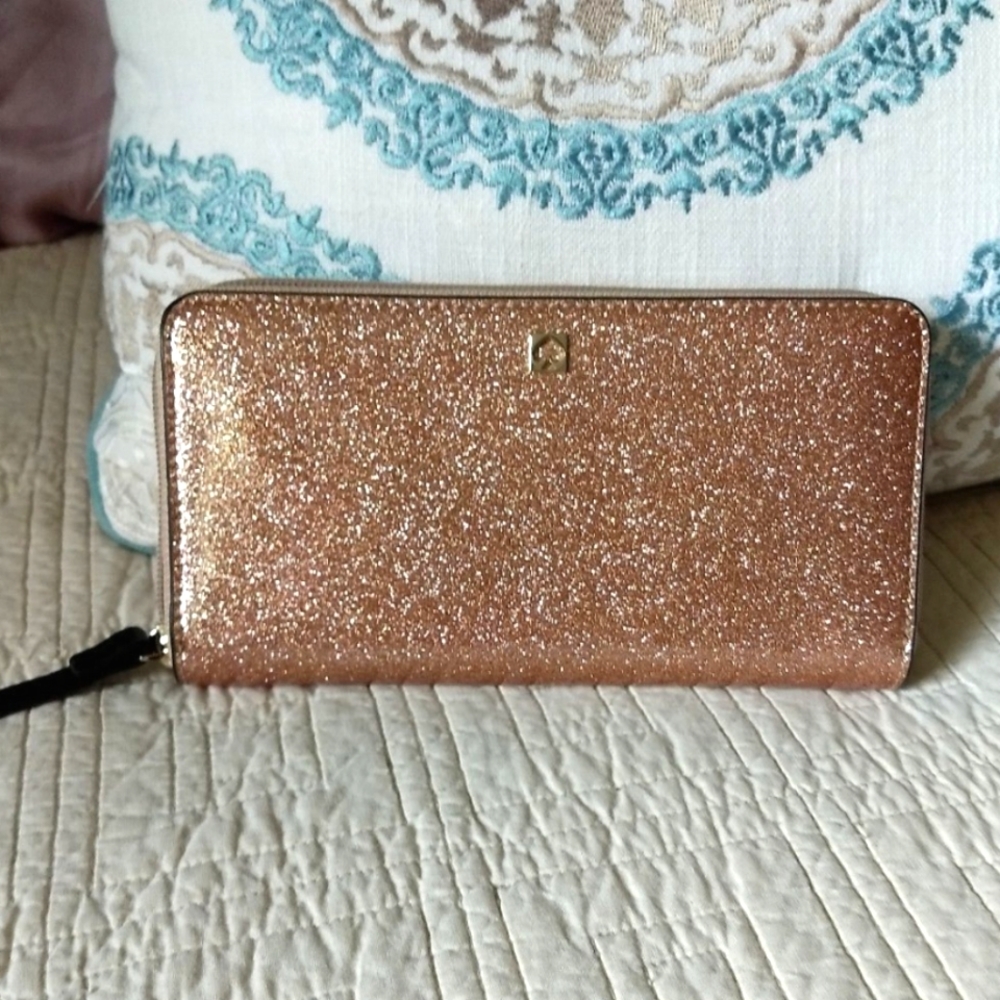 Kate Spade Mavis Street Neda Continental Sparkle Rose Gold Leather Zip Wallet
